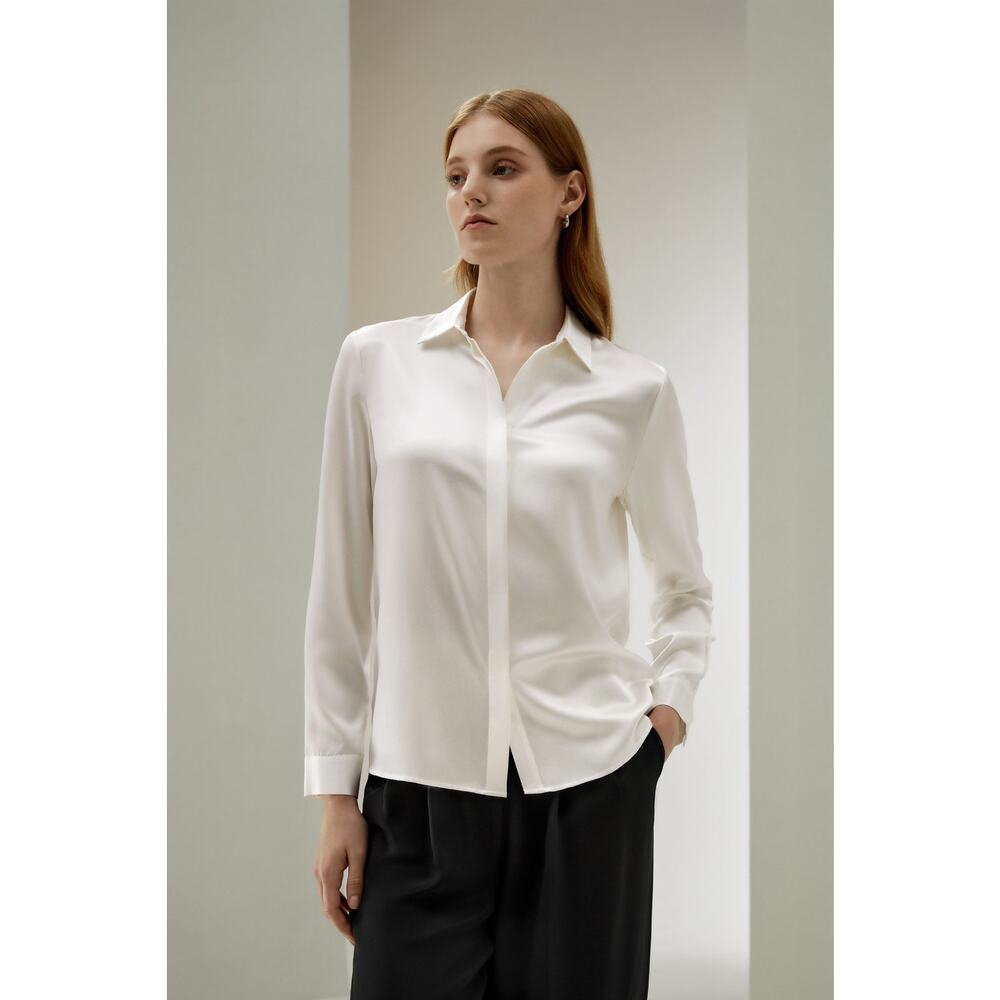 Lilysilk Womens XL Basic Concealed Placket 100% Silk Button Shirt Washable White - Picture 2 of 14